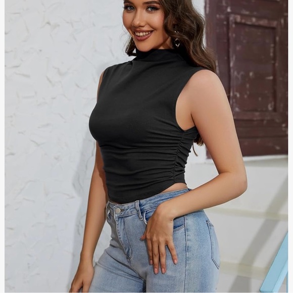 Black Solid Turtleneck Ruched Crop Tank Top High Collar - Picture 2 of 4